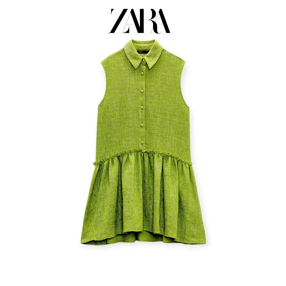 Zara Oversized Lime Tweed Sleeveless Collared Textured Mini Dress Size M